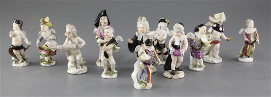 Twelve Meissen small figures, c.1750-1775, modelled by Kandler and Acier, height 8.5 - 11cm, all with some restoration or losses
